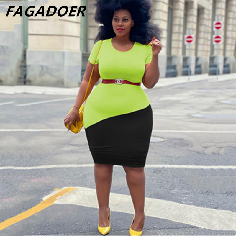 FAGADOER sieviešu vintage krāsu patchwork liela izmēra kleitas sievietēm 2022. gada eleganta bodycon kleita XL-4XL īsām piedurknēm OL stila kleita