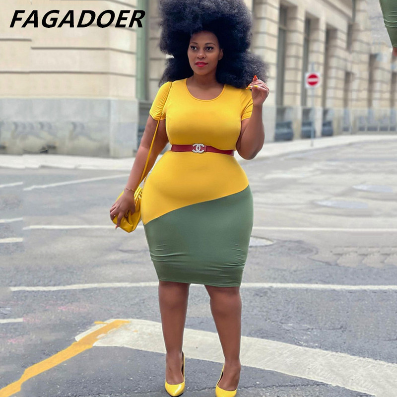 FAGADOER sieviešu vintage krāsu patchwork liela izmēra kleitas sievietēm 2022. gada eleganta bodycon kleita XL-4XL īsām piedurknēm OL stila kleita
