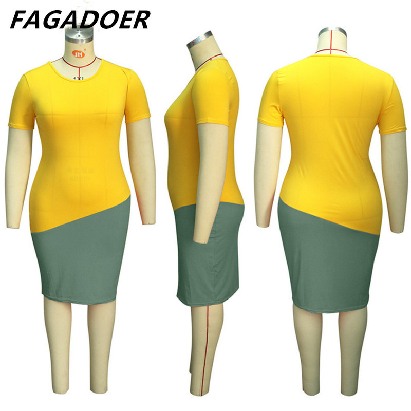 FAGADOER sieviešu vintage krāsu patchwork liela izmēra kleitas sievietēm 2022. gada eleganta bodycon kleita XL-4XL īsām piedurknēm OL stila kleita