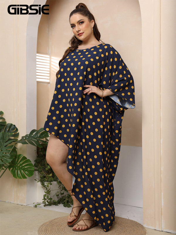 GIBSIE liela izmēra polka punktiņu O veida kakla kleita sievietēm 2022. gada vasaras brīvdienu lielizmēra asimetriskas apakšmalas garās kleitas pludmales apģērbs