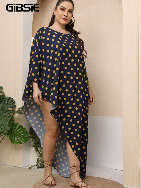 GIBSIE liela izmēra polka punktiņu O veida kakla kleita sievietēm 2022. gada vasaras brīvdienu lielizmēra asimetriskas apakšmalas garās kleitas pludmales apģērbs