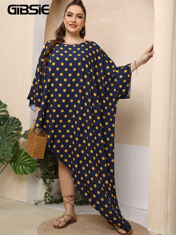 GIBSIE liela izmēra polka punktiņu O veida kakla kleita sievietēm 2022. gada vasaras brīvdienu lielizmēra asimetriskas apakšmalas garās kleitas pludmales apģērbs