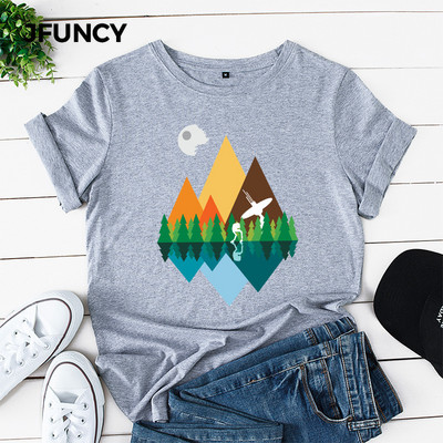 Tricou de vară din bumbac 100% JFUNCY, tricou cu mânecă scurtă pentru femei, cu imprimeu de munte, tricou pentru femei, tricou largi