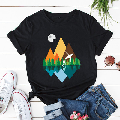 JFUNCY 100% βαμβακερό καλοκαιρινό μπλουζάκι Mountain με στάμπα γυναικείο μπλουζάκι κοντό μανίκι Γυναικείο μπλουζάκι γυναικείο φαρδύ μπλουζάκι