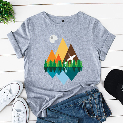 JFUNCY 100% βαμβακερό καλοκαιρινό μπλουζάκι Mountain με στάμπα γυναικείο μπλουζάκι κοντό μανίκι Γυναικείο μπλουζάκι γυναικείο φαρδύ μπλουζάκι