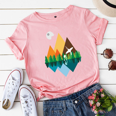 JFUNCY 100% βαμβακερό καλοκαιρινό μπλουζάκι Mountain με στάμπα γυναικείο μπλουζάκι κοντό μανίκι Γυναικείο μπλουζάκι γυναικείο φαρδύ μπλουζάκι