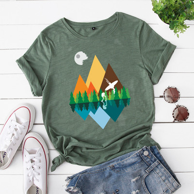 JFUNCY 100% βαμβακερό καλοκαιρινό μπλουζάκι Mountain με στάμπα γυναικείο μπλουζάκι κοντό μανίκι Γυναικείο μπλουζάκι γυναικείο φαρδύ μπλουζάκι