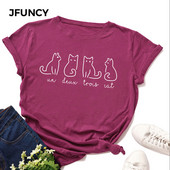 Tricou de vară JFUNCY Tricou din bumbac pentru femei Tricou cu mânecă scurtă cu imprimeu cu pisici încântătoare Topuri pentru femeie Tricouri pentru femei