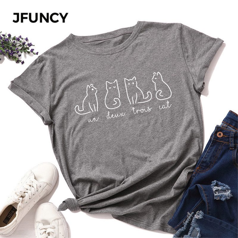Tricou de vară JFUNCY Tricou din bumbac pentru femei Tricou cu mânecă scurtă cu imprimeu cu pisici încântătoare Topuri pentru femeie Tricouri pentru femei