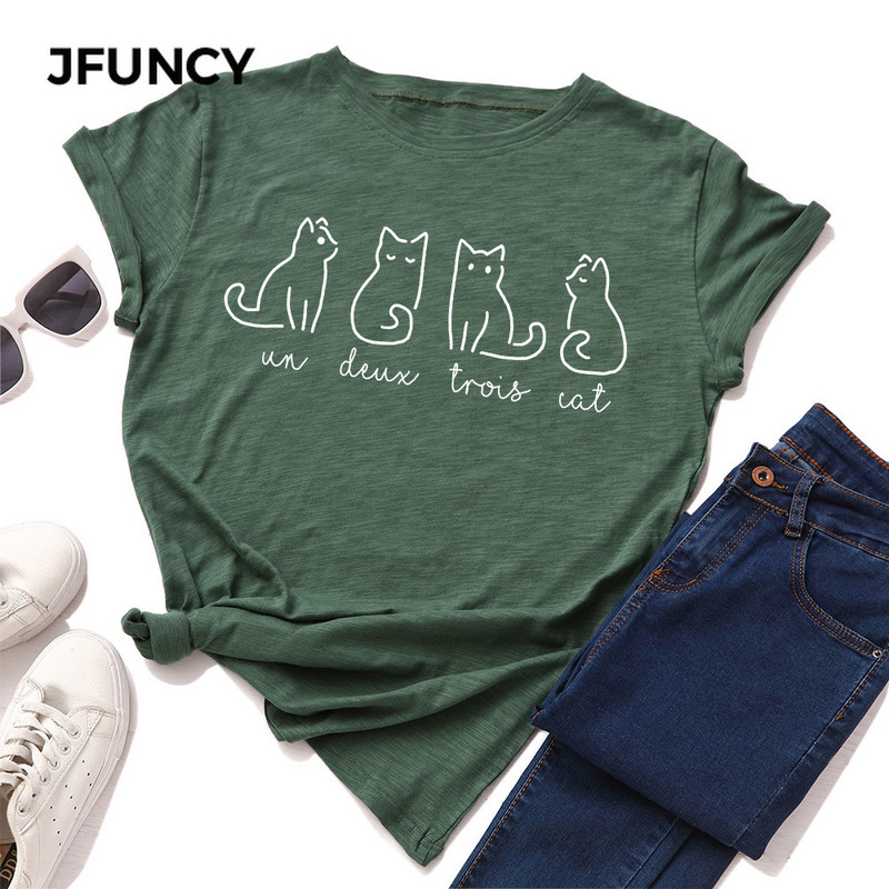 Tricou de vară JFUNCY Tricou din bumbac pentru femei Tricou cu mânecă scurtă cu imprimeu cu pisici încântătoare Topuri pentru femeie Tricouri pentru femei