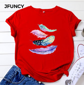 JFUNCY Tricou de vară pentru femei Tricou cu mânecă scurtă pentru femei Tricou imprimat cu pene colorate Tricouri casual de bumbac pentru femei