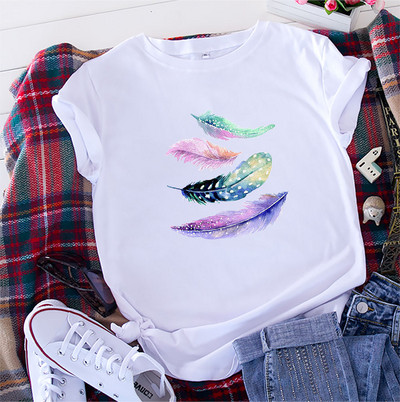 JFUNCY Tricou de vară pentru femei Tricou cu mânecă scurtă pentru femei Tricou imprimat cu pene colorate Tricouri casual de bumbac pentru femei