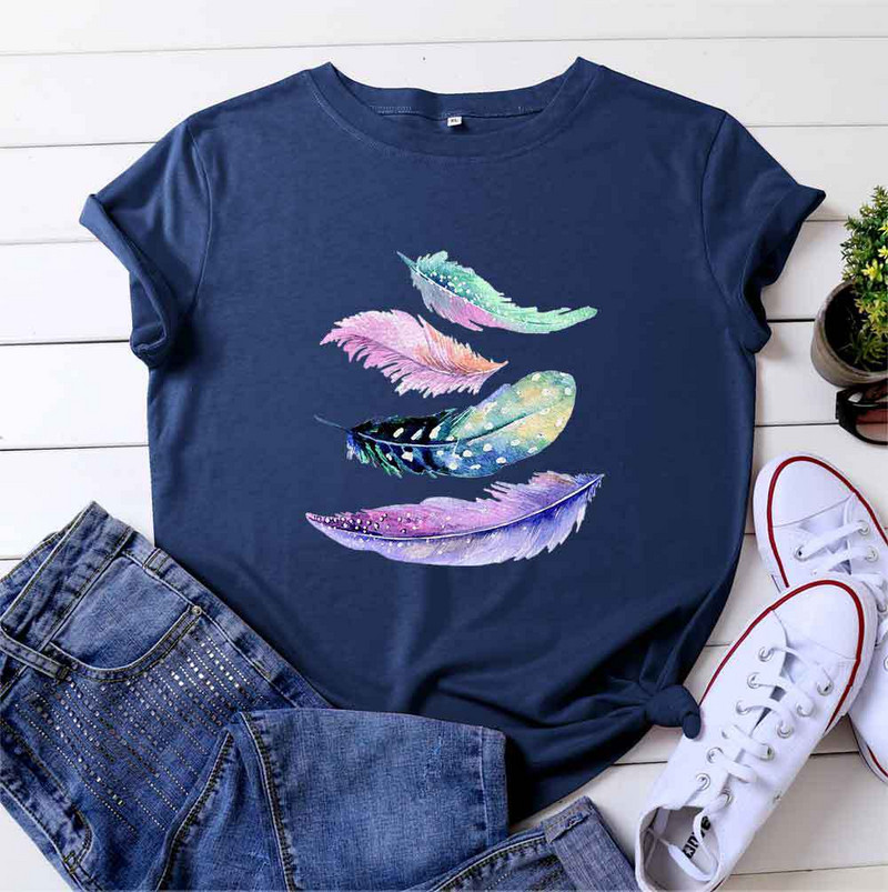 JFUNCY Tricou de vară pentru femei Tricou cu mânecă scurtă pentru femei Tricou imprimat cu pene colorate Tricouri casual de bumbac pentru femei