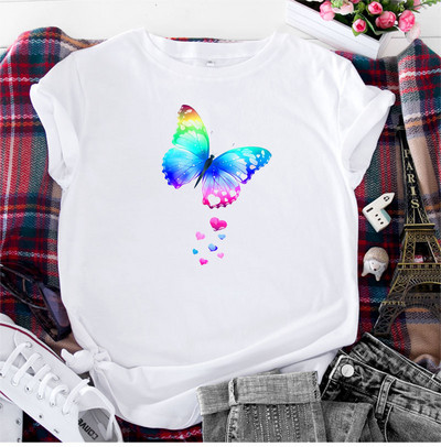 JFUNCY Pillangómintás póló Női felső póló Nyári női ruhák divat női rövid ujjú pamut póló