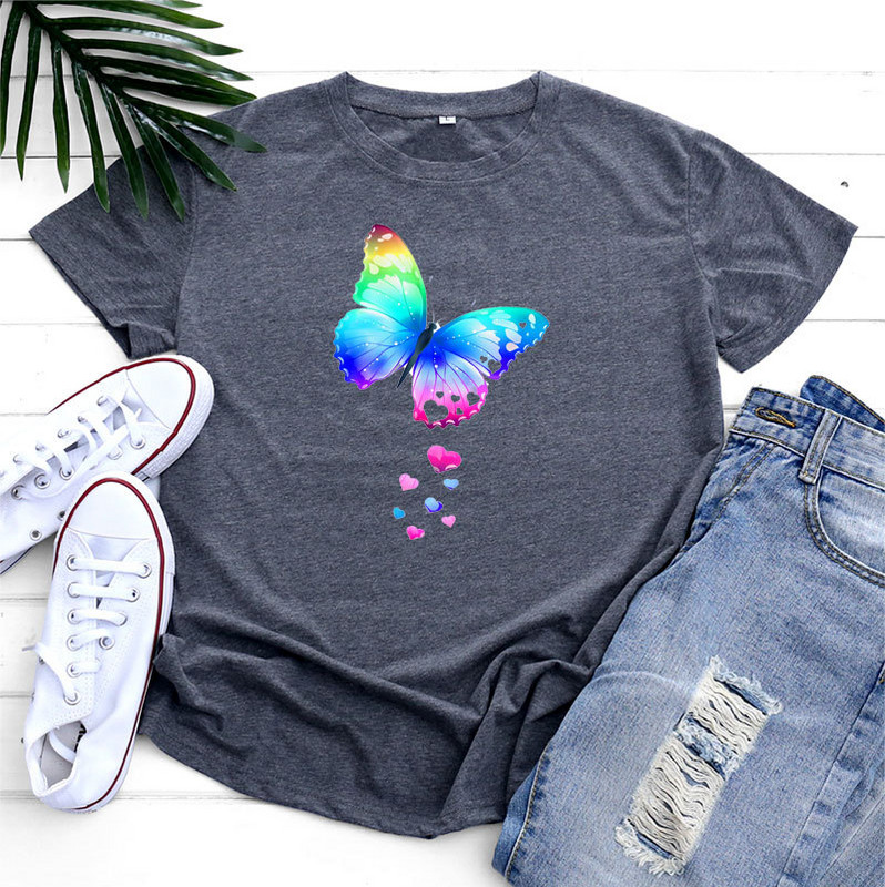 JFUNCY Pillangómintás póló Női felső póló Nyári női ruhák divat női rövid ujjú pamut póló