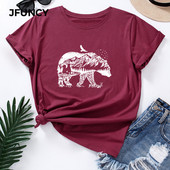 JFUNCY kokvilnas T-krekls Sieviešu T-krekls Lāča apdruka ar īsām piedurknēm Sieviešu krekli Ikdienišķi vasaras grafiski T-krekli Sieviešu