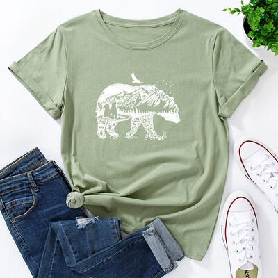 JFUNCY kokvilnas T-krekls Sieviešu T-krekls Lāča apdruka ar īsām piedurknēm Sieviešu krekli Ikdienišķi vasaras grafiski T-krekli Sieviešu