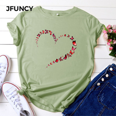 JFUNCY Tricou de vară pentru femei Tricou cu mânecă scurtă pentru femei Tricou Harajuku cu imprimeu de fluturi Tricouri casual de bumbac pentru femei