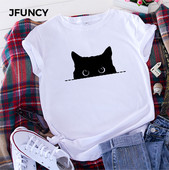 JFUNCY Lielizmēra brīvi sieviešu T-krekli Vasaras kokvilnas T krekls sievietēm Cute Cat Print T krekls Sieviešu T-krekli Camiseta Mujer