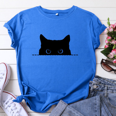 JFUNCY Lielizmēra brīvi sieviešu T-krekli Vasaras kokvilnas T krekls sievietēm Cute Cat Print T krekls Sieviešu T-krekli Camiseta Mujer
