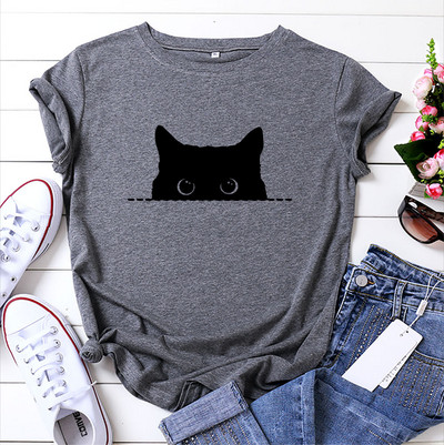 JFUNCY Lielizmēra brīvi sieviešu T-krekli Vasaras kokvilnas T krekls sievietēm Cute Cat Print T krekls Sieviešu T-krekli Camiseta Mujer