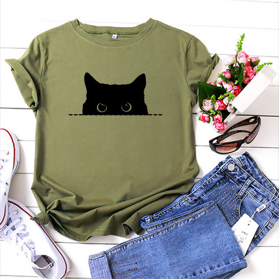 JFUNCY Lielizmēra brīvi sieviešu T-krekli Vasaras kokvilnas T krekls sievietēm Cute Cat Print T krekls Sieviešu T-krekli Camiseta Mujer