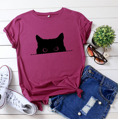 JFUNCY Lielizmēra brīvi sieviešu T-krekli Vasaras kokvilnas T krekls sievietēm Cute Cat Print T krekls Sieviešu T-krekli Camiseta Mujer