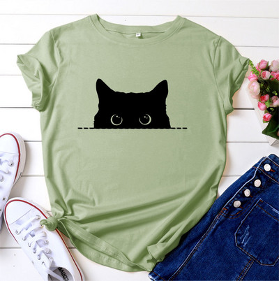 JFUNCY Lielizmēra brīvi sieviešu T-krekli Vasaras kokvilnas T krekls sievietēm Cute Cat Print T krekls Sieviešu T-krekli Camiseta Mujer