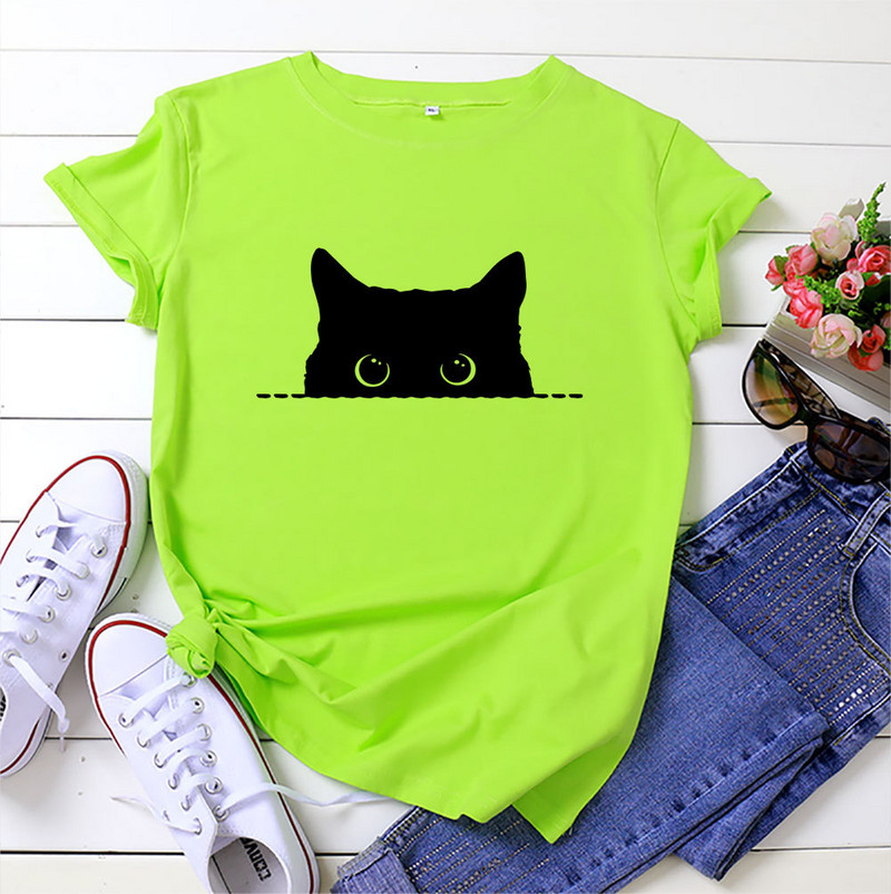 JFUNCY Lielizmēra brīvi sieviešu T-krekli Vasaras kokvilnas T krekls sievietēm Cute Cat Print T krekls Sieviešu T-krekli Camiseta Mujer