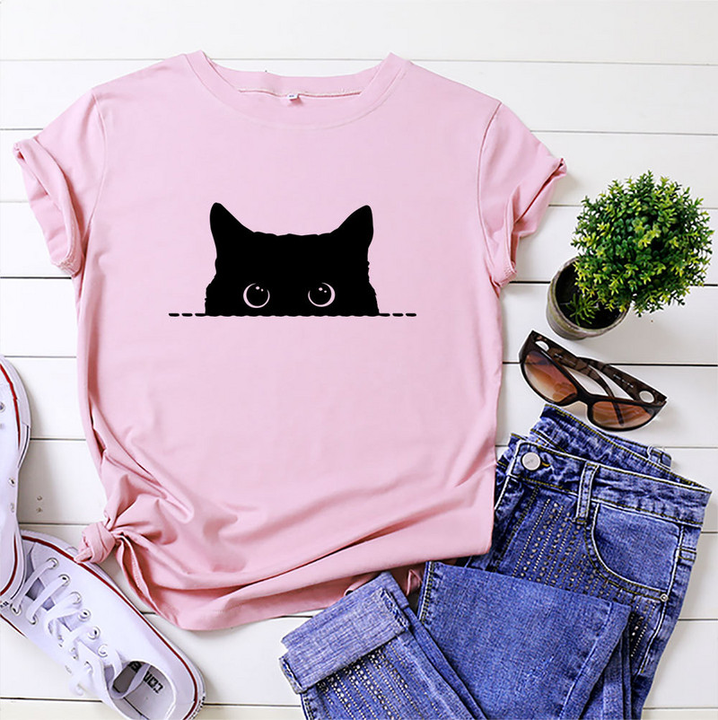 JFUNCY Lielizmēra brīvi sieviešu T-krekli Vasaras kokvilnas T krekls sievietēm Cute Cat Print T krekls Sieviešu T-krekli Camiseta Mujer