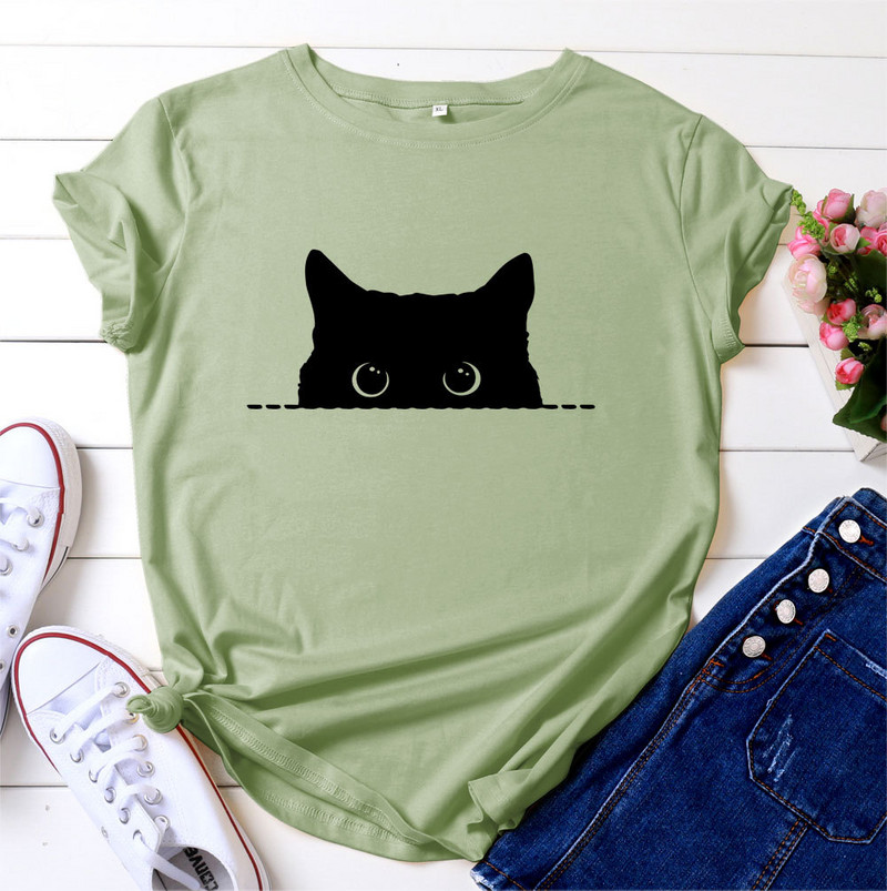 JFUNCY Lielizmēra brīvi sieviešu T-krekli Vasaras kokvilnas T krekls sievietēm Cute Cat Print T krekls Sieviešu T-krekli Camiseta Mujer
