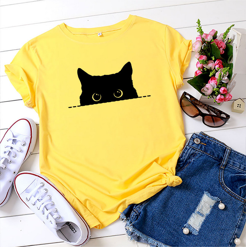JFUNCY Lielizmēra brīvi sieviešu T-krekli Vasaras kokvilnas T krekls sievietēm Cute Cat Print T krekls Sieviešu T-krekli Camiseta Mujer