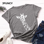 Tricou pentru femei JFUNCY Tricou cu imprimeu de girafe noi Tricou pentru femeie cu mânecă scurtă din bumbac Topuri Tricou de vară pentru femei