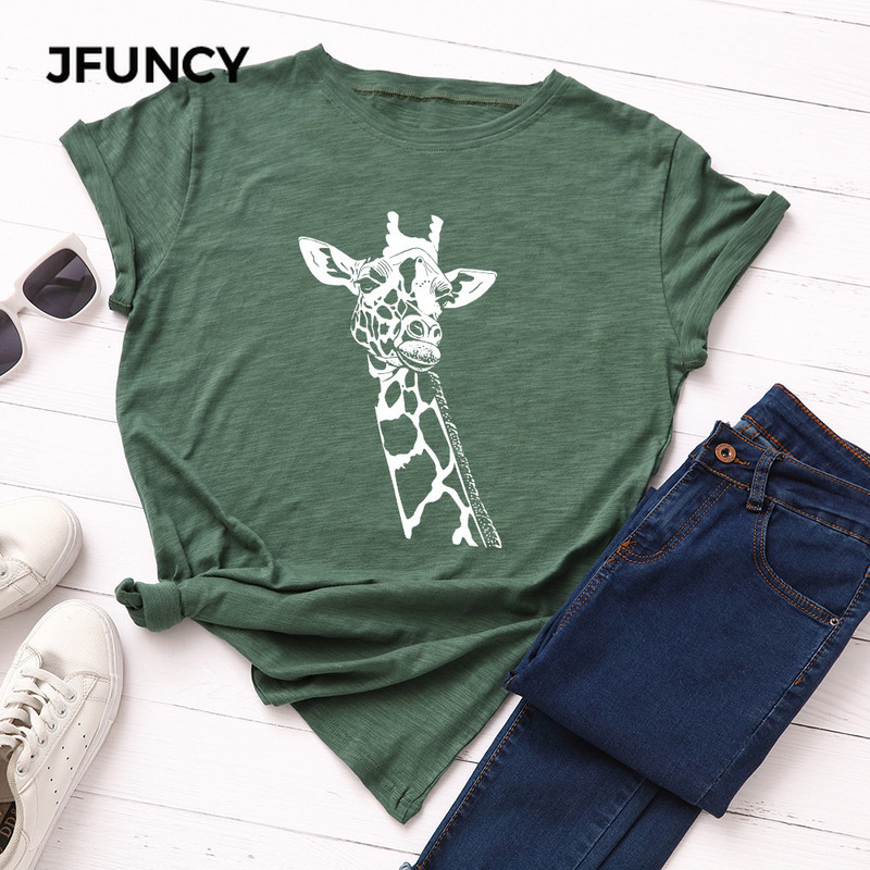 Tricou pentru femei JFUNCY Tricou cu imprimeu de girafe noi Tricou pentru femeie cu mânecă scurtă din bumbac Topuri Tricou de vară pentru femei