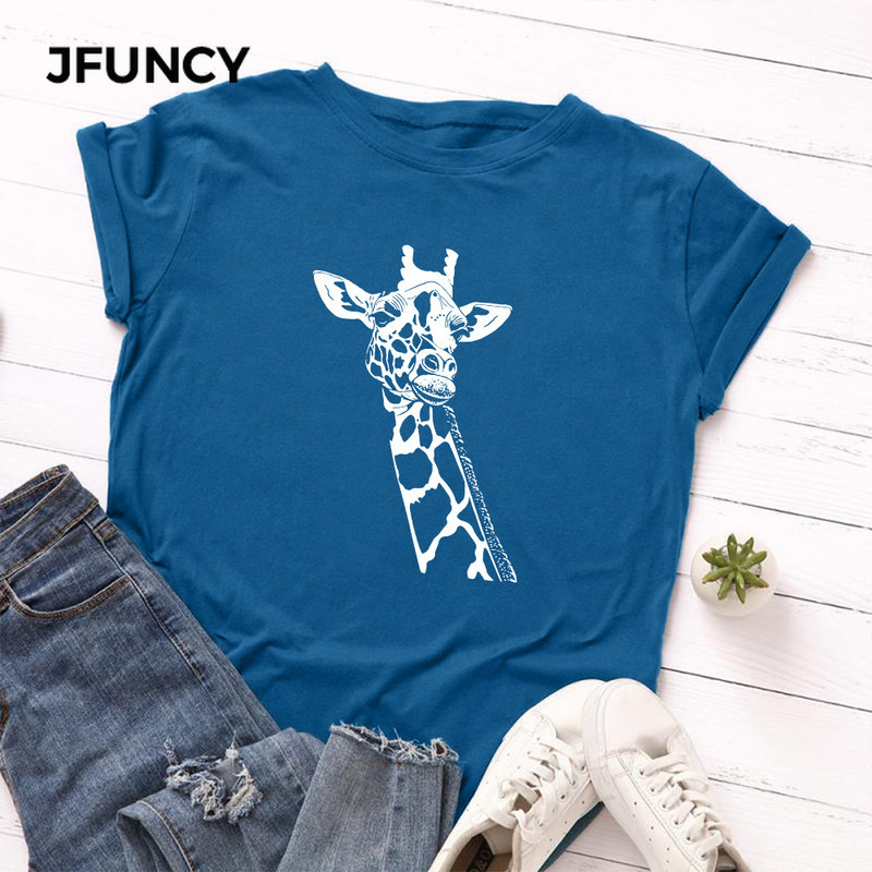 Tricou pentru femei JFUNCY Tricou cu imprimeu de girafe noi Tricou pentru femeie cu mânecă scurtă din bumbac Topuri Tricou de vară pentru femei