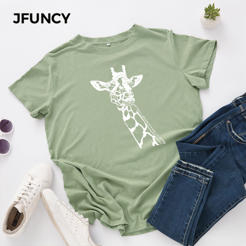 Tricou pentru femei JFUNCY Tricou cu imprimeu de girafe noi Tricou pentru femeie cu mânecă scurtă din bumbac Topuri Tricou de vară pentru femei