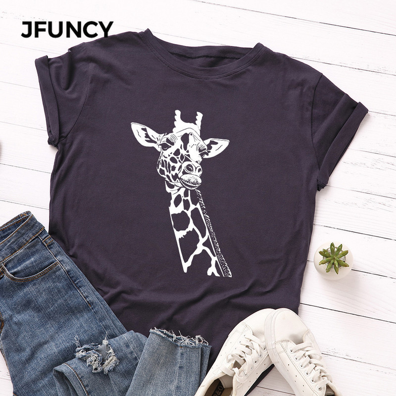 Tricou pentru femei JFUNCY Tricou cu imprimeu de girafe noi Tricou pentru femeie cu mânecă scurtă din bumbac Topuri Tricou de vară pentru femei