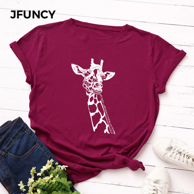 Tricou pentru femei JFUNCY Tricou cu imprimeu de girafe noi Tricou pentru femeie cu mânecă scurtă din bumbac Topuri Tricou de vară pentru femei