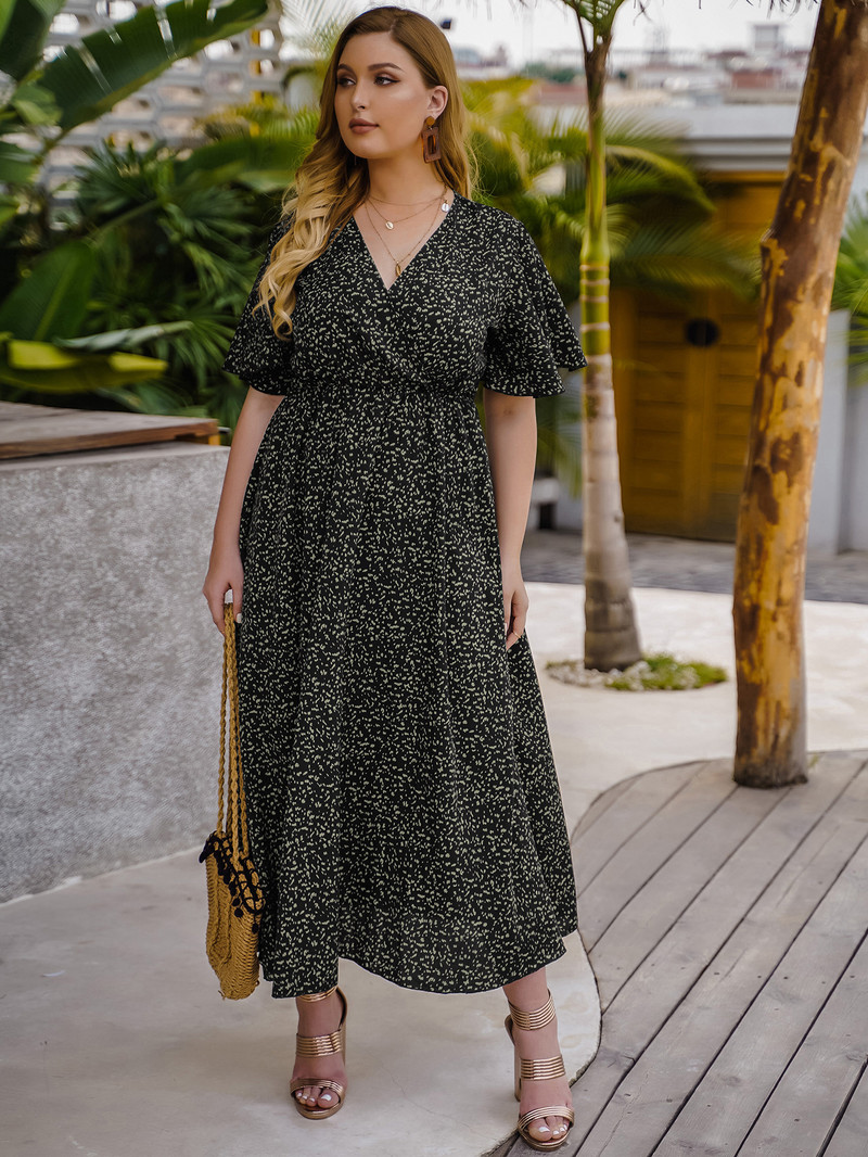 Liela izmēra sieviešu kleitas vasaras īsām piedurknēm Eleganta sievietēm ar ziedu apdruku Midi kleita ikdienišķa brīva sieviešu liela izmēra apģērbs 4XL