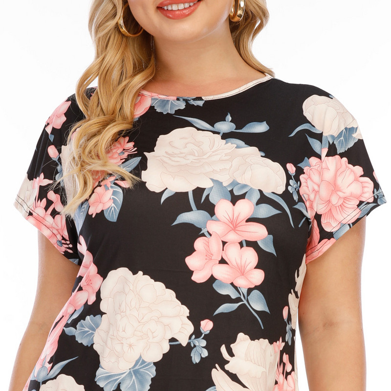 2021. gada jauns sieviešu lielizmēra kleita ar ziediem ar īsām piedurknēm, liela izmēra, liela izmēra, o veida kakla izgriezumu, apģērbi, ikdienas apģērbi sieviešu kostīmiem