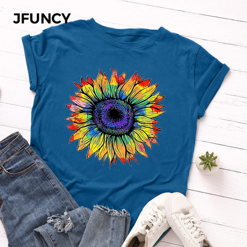 JFUNCY moteriški marškinėliai Nauji spalvingi marškinėliai Moteriški trumpomis rankovėmis medvilniniai marškinėliai Viršutiniai moteriški vasaros marškinėliai