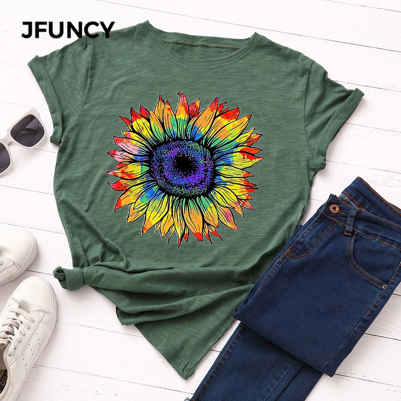 JFUNCY moteriški marškinėliai Nauji spalvingi marškinėliai Moteriški trumpomis rankovėmis medvilniniai marškinėliai Viršutiniai moteriški vasaros marškinėliai