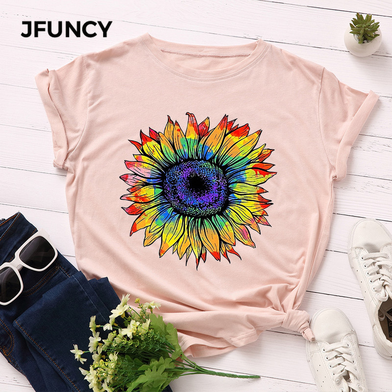 JFUNCY moteriški marškinėliai Nauji spalvingi marškinėliai Moteriški trumpomis rankovėmis medvilniniai marškinėliai Viršutiniai moteriški vasaros marškinėliai