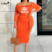 Casual Crown Graphic Print Sexy One Word γιακά Επίδεσμος Μανίκι τριών τετάρτων μακριά Midi Τσάντα ώμου Hip Plus Size Γυναικεία φορέματα