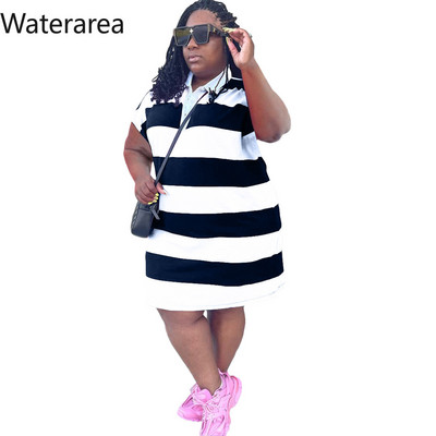 Waterarea liela izmēra svītrainas Āfrikas kleitas sievietēm Modes ikdienas polo apkakle ar īsām piedurknēm Mini Midi Vestido Retro Comfort