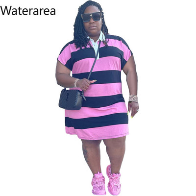 Waterarea liela izmēra svītrainas Āfrikas kleitas sievietēm Modes ikdienas polo apkakle ar īsām piedurknēm Mini Midi Vestido Retro Comfort