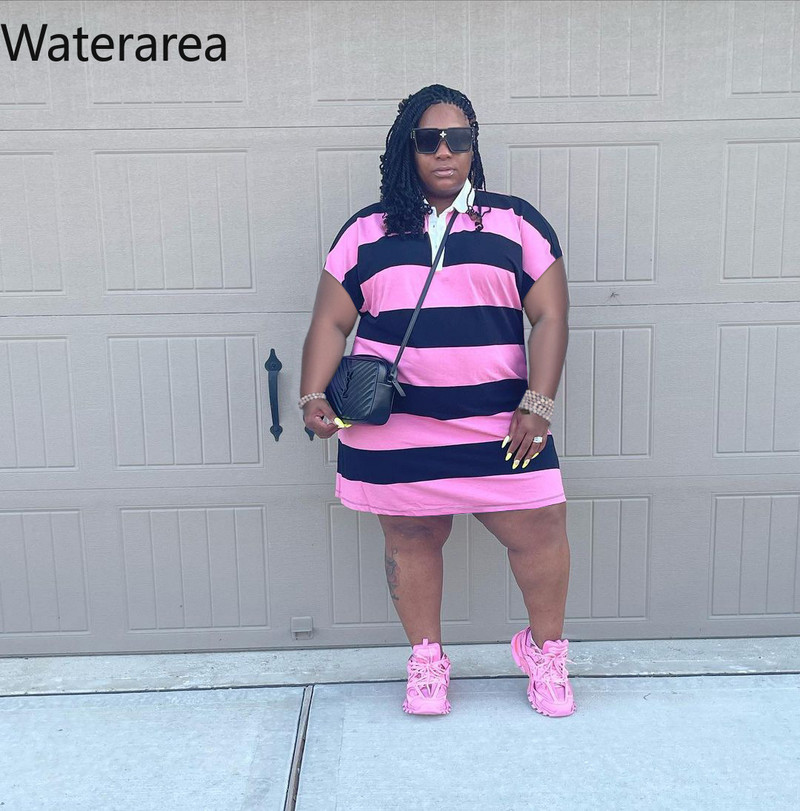 Waterarea liela izmēra svītrainas Āfrikas kleitas sievietēm Modes ikdienas polo apkakle ar īsām piedurknēm Mini Midi Vestido Retro Comfort