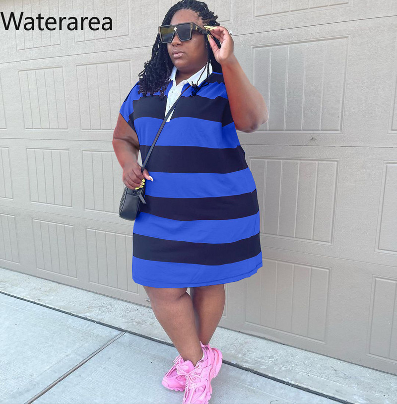 Waterarea liela izmēra svītrainas Āfrikas kleitas sievietēm Modes ikdienas polo apkakle ar īsām piedurknēm Mini Midi Vestido Retro Comfort