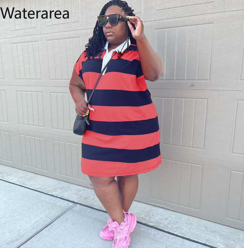 Waterarea liela izmēra svītrainas Āfrikas kleitas sievietēm Modes ikdienas polo apkakle ar īsām piedurknēm Mini Midi Vestido Retro Comfort