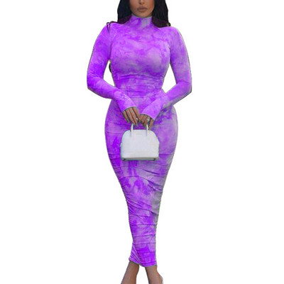 Nagy méretű szexi cipzáras garbós pólyás ruhák női buliba 4XL őszi hosszú ujjú vintage nyakkendővel festett ruched Maxi Bodycon ruha